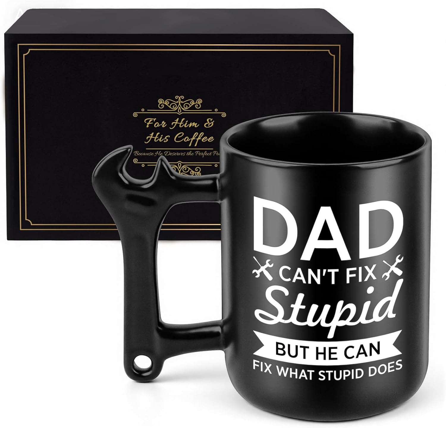 Dad Birthday Gifts from Daughter and Son, Funny Ceramic Coffee Mug with Wrench Spanner Handle, Fathers Day Christmas Day Gift Ideas for Dad Men Stepfather
