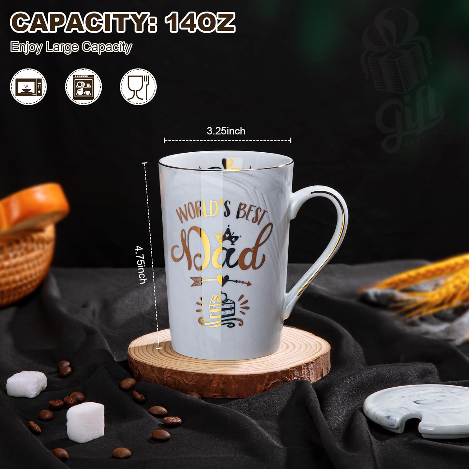 Birthday Gifts for Dad from Daughter Son - World's Best Dad - Daddy Mug with Gold Print, Funny Fathers Day Presents, 14Oz Grey Ceramic Gold Print Coffee Cup, Lid Spoon Greeting Card, Nice Gift Boxed - Image 2