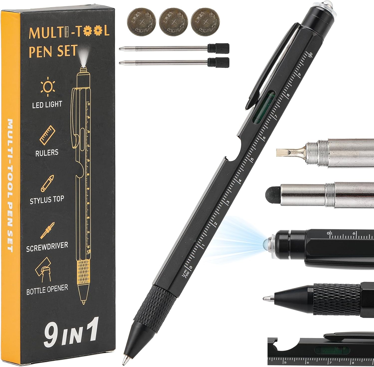 9 in 1 Multi Tool Pen with Stylus, Screwdrivers, Ruler and LED Torch, Tactical Pen Gift Set for Men Pocket Multitool DIY, Office Outdoor Cool Gadgets for Him Dad Xmas Thanksgiving Gifts