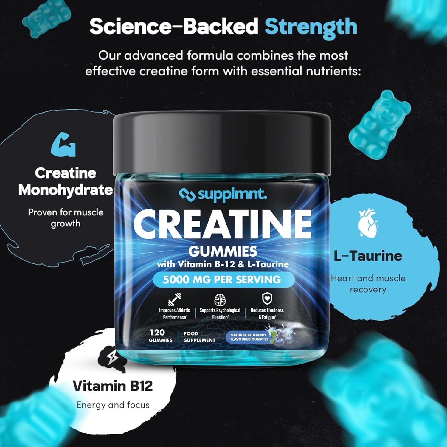 Creatine Gummies 5000mg Lab-Tested 120ct Max Strength Muscle Growth/Recovery Supplements for Men & Women Creatine Monohydrate B12 & L-Taurine Vegan Gym Pre Workout Gummies, (Blueberry) - Image 4