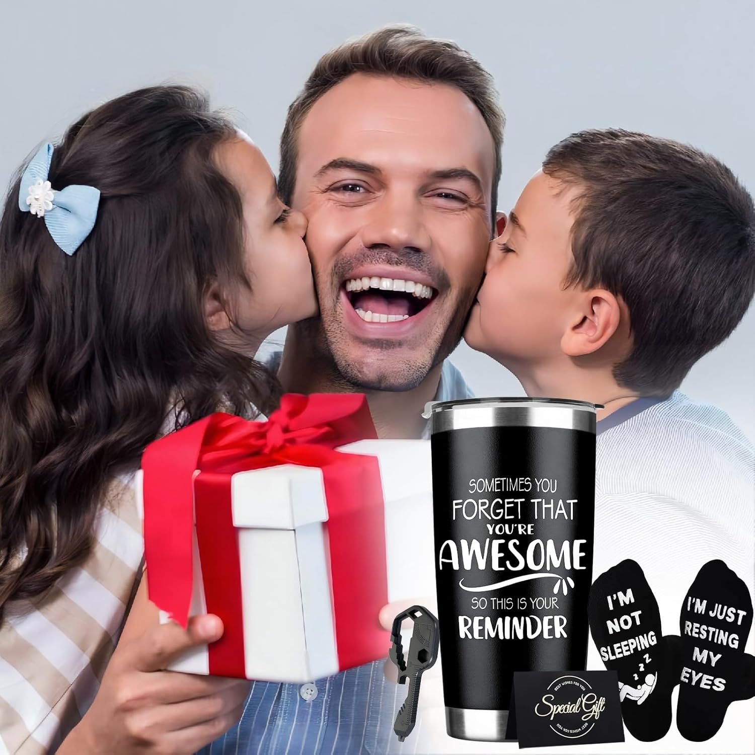 Fathers Day Gift for Dad - Birthday Gifts for Men, Inspirational Gifts for Men Dad Father Husband Boyfriend - Valentines Present for Him, Greeting Card, Keychain, Socks - 20 Oz Tumbler - Image 7