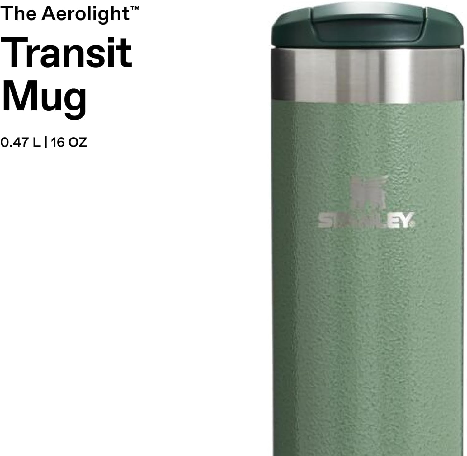 STANLEY 1913 Aerolight Transit Travel Mug 0.47L - Keeps 6 Hours Hot - 8 Hours Cold - Dishwasher Safe - Leakproof - Car Cup Holder Compatible - Insulated Coffee Cup - Hammertone Green - Image 3