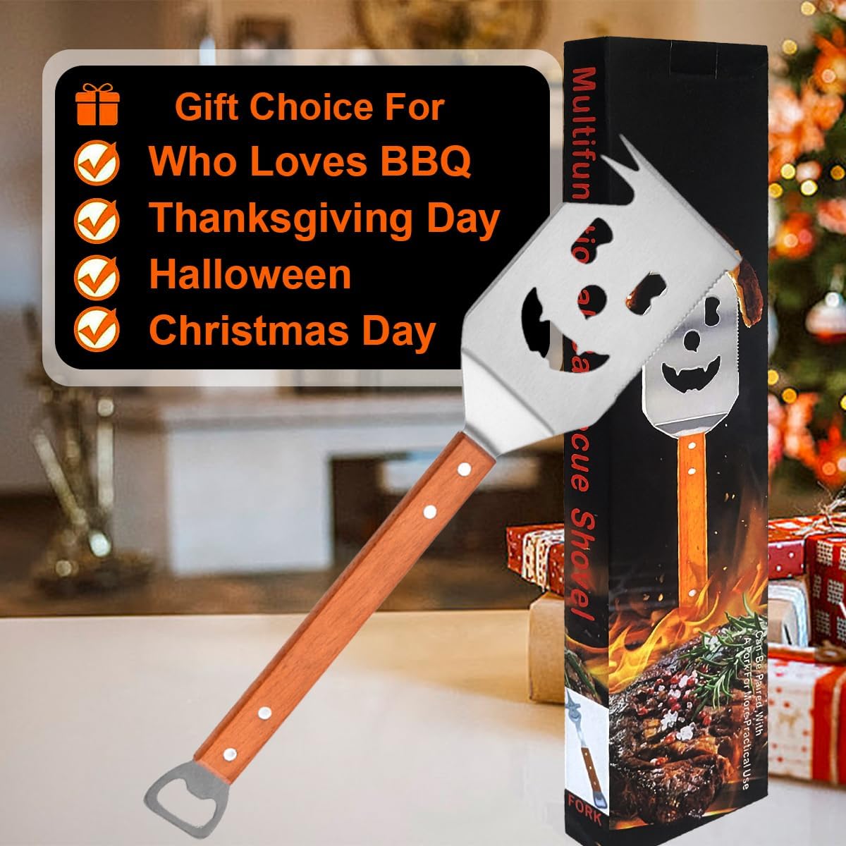 7 in 1 Multifunction BBQ Tool, BBQ Spatula for Outdoor Grill, Extra Long Grill Accessories Stainless Steel, Wooden Handle Barbecue Utensils, Holiday, Gifts for Men - Image 6