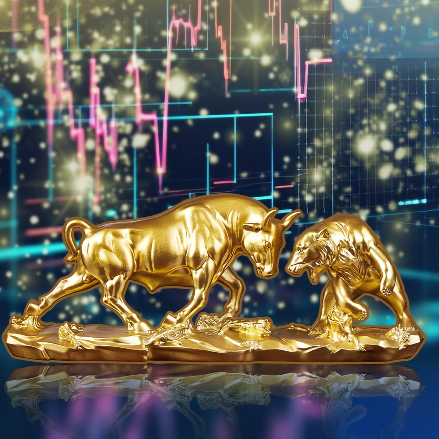 Bull and Bear Statue - Gold Resin Stock Market Decor for Office Desk, Symbol of Financial Success and Prosperity - Image 4