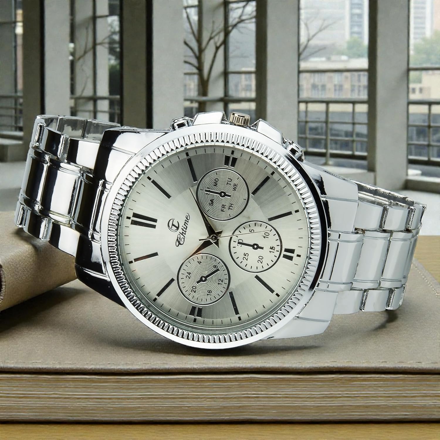 BELLOS Men's Watch Gift Box – LED Lamp – Wallet – Pen, Silver, 42, Bracelet, Silver, 42, Bracelet - Image 3