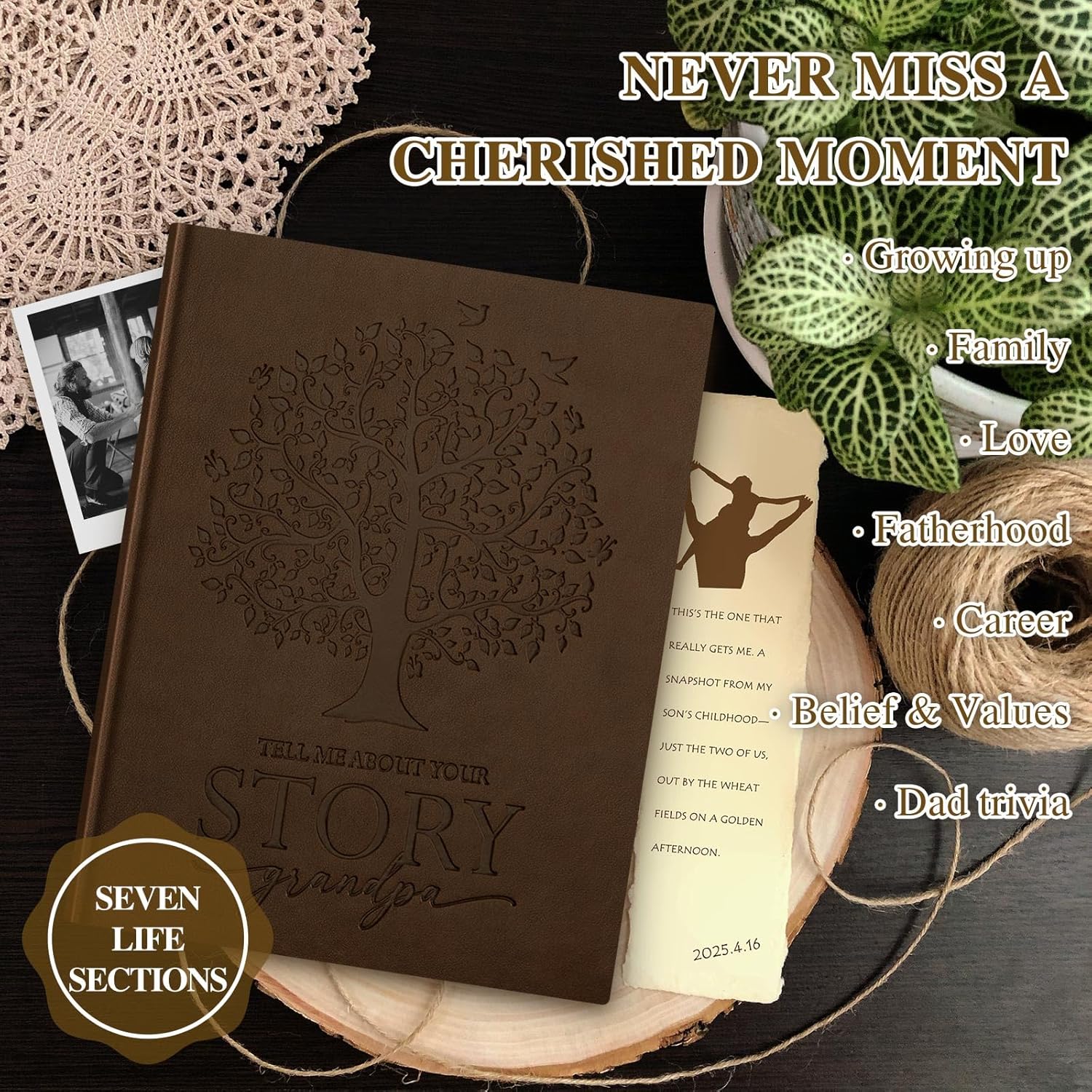 Lanpn Grandpa Life Story Book Journal with 270+ Prompts, Leather Hardcover Grandfather Guided Journal Memory Keepsake Book to Fill Out, Father's Day Birthday Christmas Grandpas Gift, Brown - Image 5