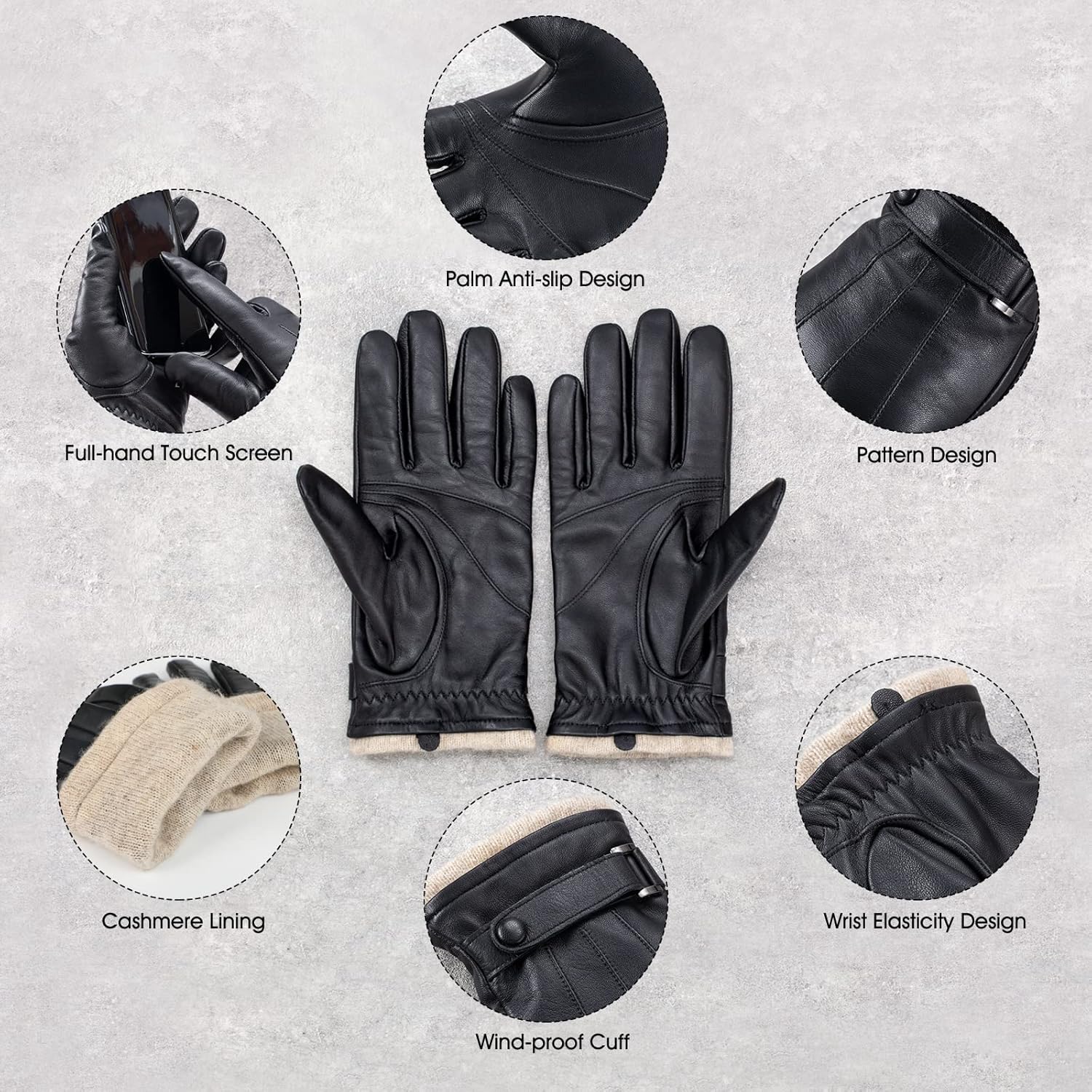 Winter Sheepskin Leather Gloves For Men, Thermal Cashmere Lining Touchscreen Texting Typing Dress Driving Motorcycle Gloves - Image 8
