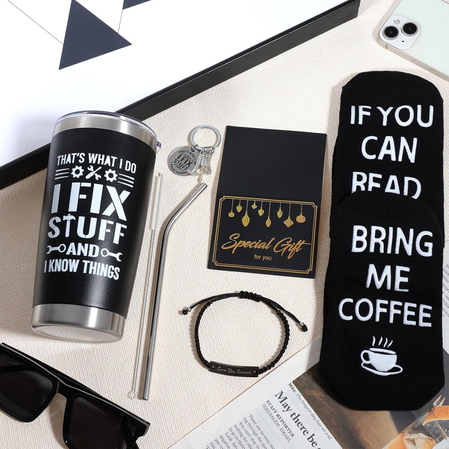 Birthday Gifts for Men - Unique Valentine's Day/Father's Day Present for Dad, 5Piece Men's Gift Set with 20oz Tumbler, Keychain, Bracelet, Socks & Card, Boyfriend & Grandad, Fun Gift Idea for Him - Image 3