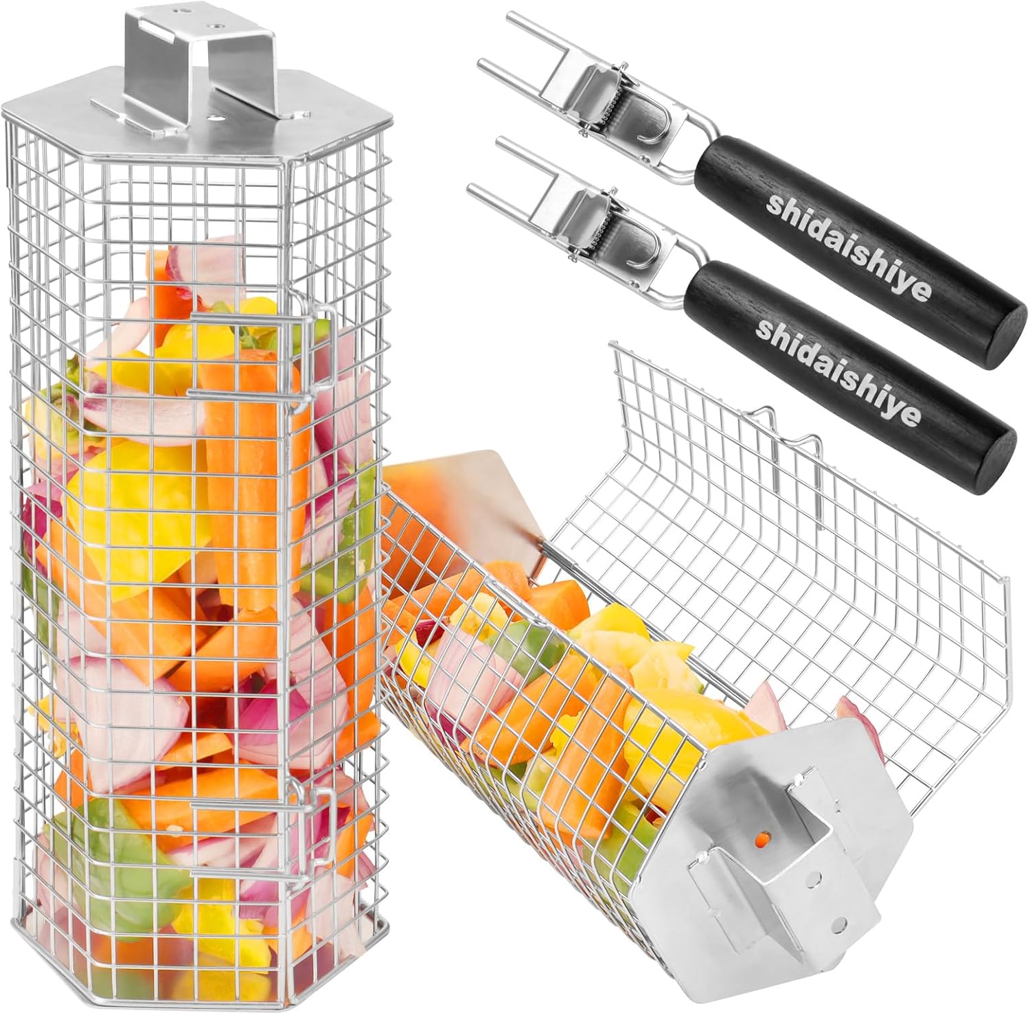 BBQ Basket for Grilling,Grill Basket with Removable Wooden Handle,Stainless Steel Nesting Grilling Net,BBQ Accessories Tools for Vegetables Shrimp,Outdoor Camping,BBQ Gifts for Men Dad Husband (2 PCS)