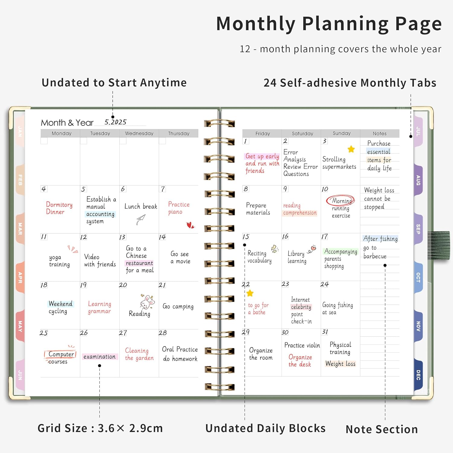 RETTACY Undated Planner - Diary Planner Notebook, Weekly and Monthly Journals for Women,53 Weeks & Daily Planning with 24 Self-Adhesive Tabs, Hardcover,100GSM Paper, 14.5x21cm - Light Green - Image 3