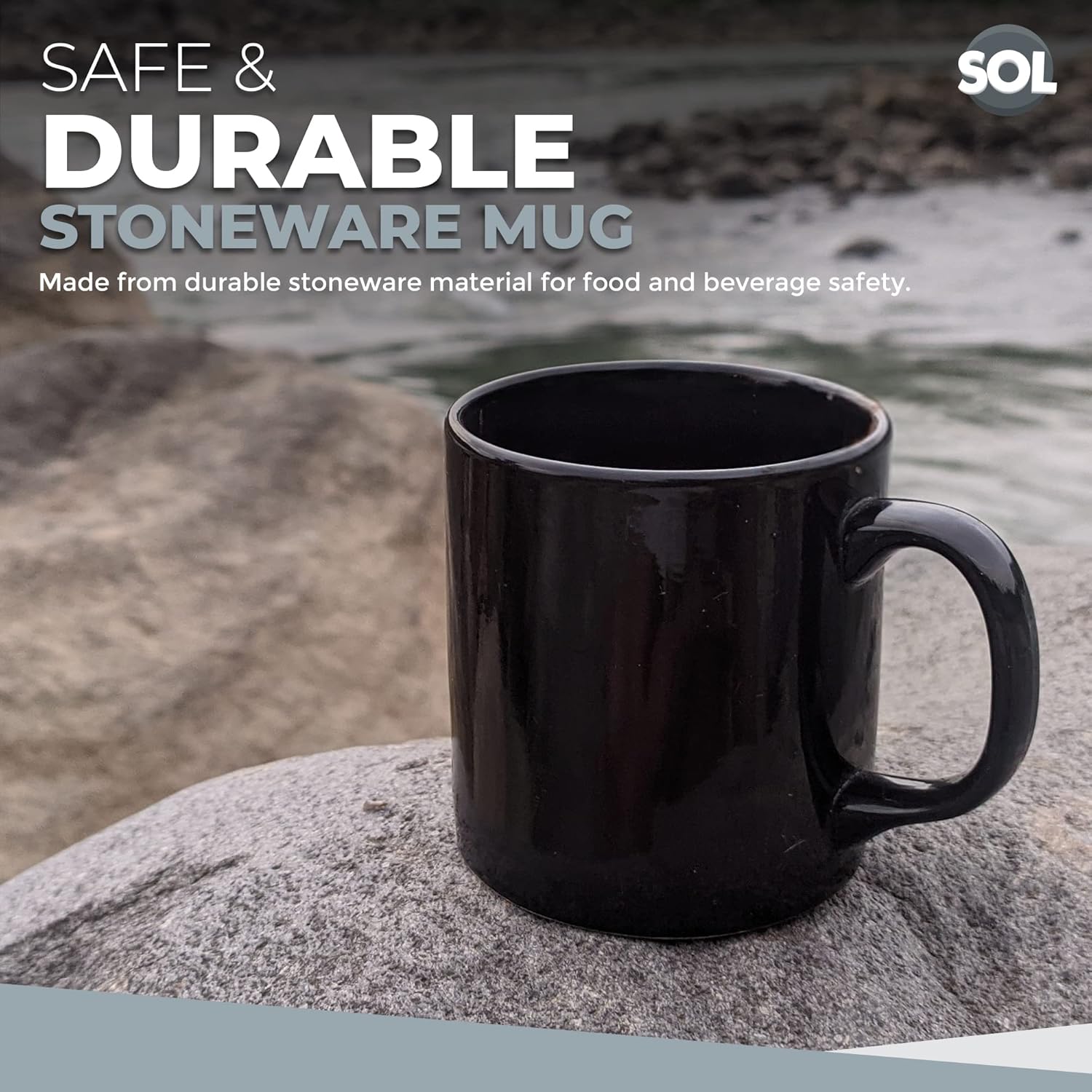 SOL 12pk Stoneware Black Mugs 11oz Ceramic Cups for Tea and Coffee Durable Drinkware Set for Home Office Café Restaurant Stackable Design Microwave and Dishwasher Safe Suitable for Hot Beverages - Image 5