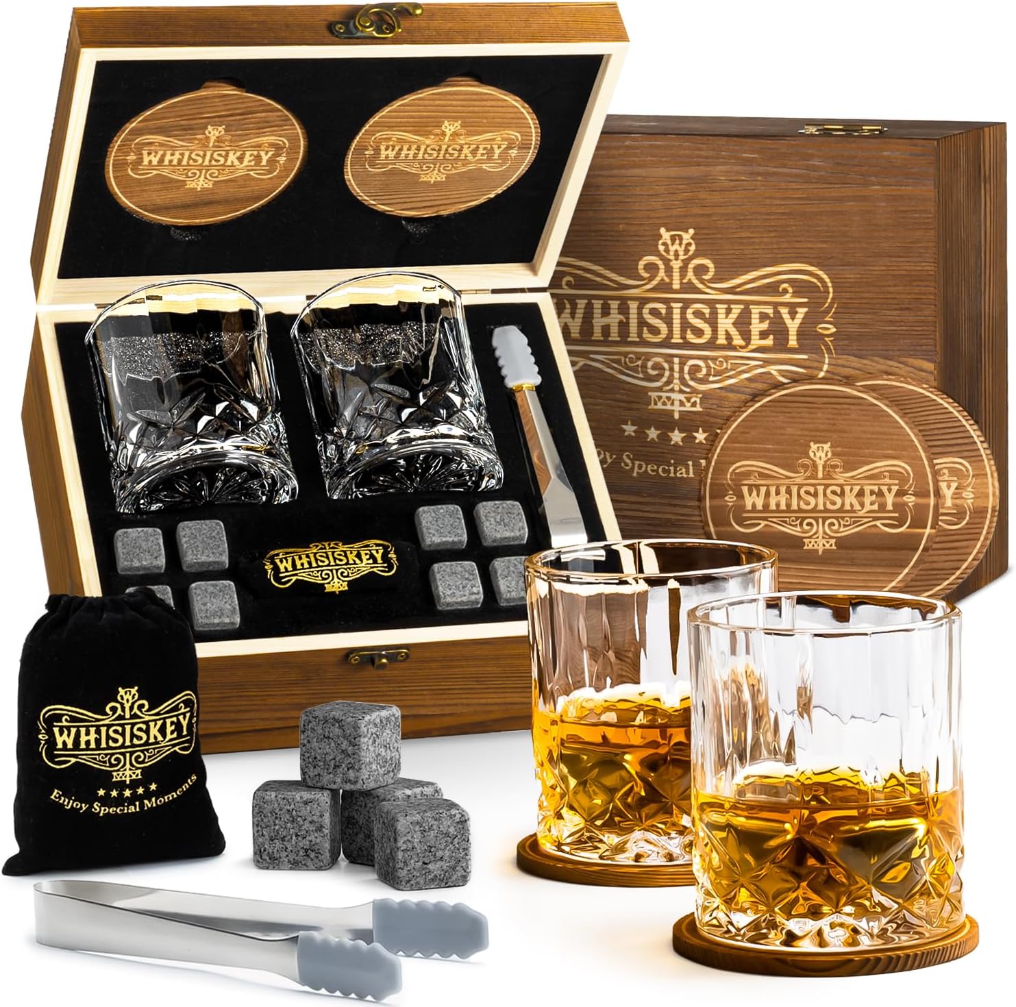 WHISISKEY - Whiskey Glass Set - Whiskey Gift Sets for Men - Whisky Glass Gifts for Men - Rum Tumblers Whisky Set with 2 Glasses, 8 Whiskey Stones, Accessories