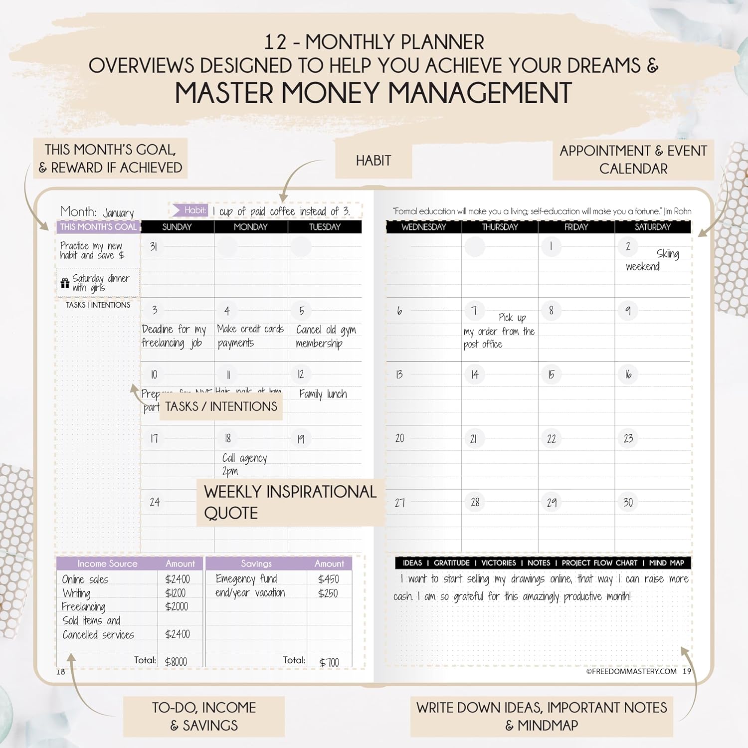 Budget Planner and Monthly Bill Organizer - Finance Planner, 12-Month Journey to Financial Freedom | Bill Payment Tracker Monthly Organizer, Money Saving & Expense Tracker | Undated Budgeting Journal - Image 5
