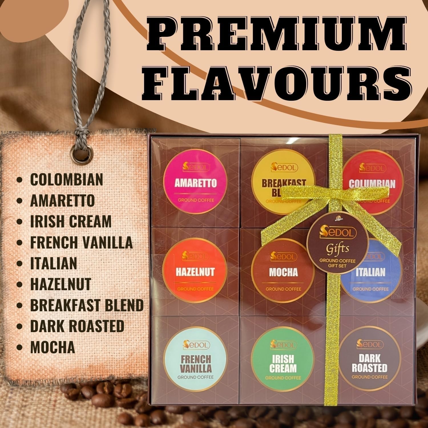 Ground Coffee Gift Set Christmas Hamper – 9 Flavour Gourmet Selection Box for Coffee Lovers with Colombian Amaretto Hazelnut Vanilla Mocha Irish Cream Dark Roast – Festive Gift for Men Women Friends - Image 6