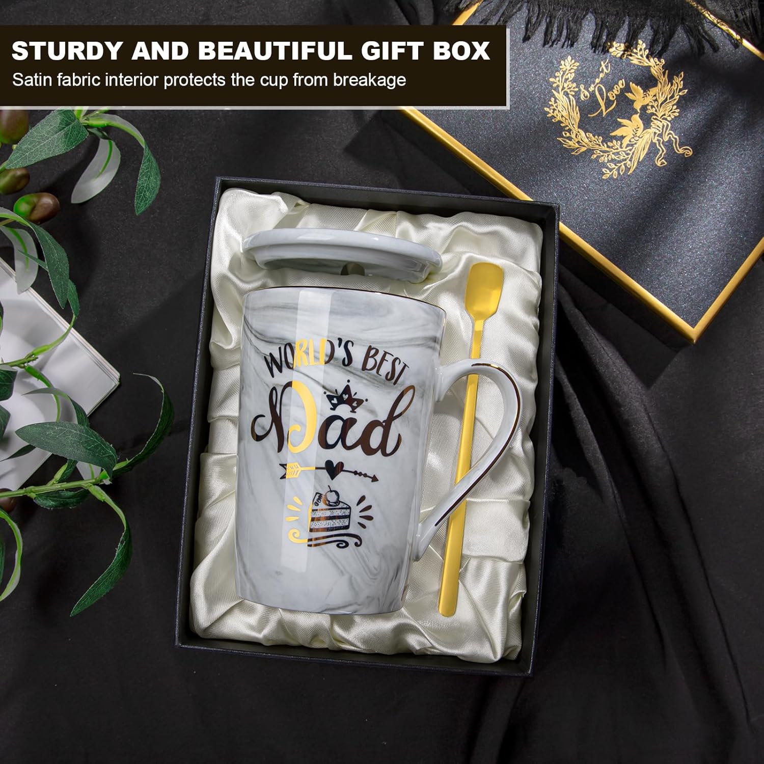 Birthday Gifts for Dad from Daughter Son - World's Best Dad - Daddy Mug with Gold Print, Funny Fathers Day Presents, 14Oz Grey Ceramic Gold Print Coffee Cup, Lid Spoon Greeting Card, Nice Gift Boxed - Image 5