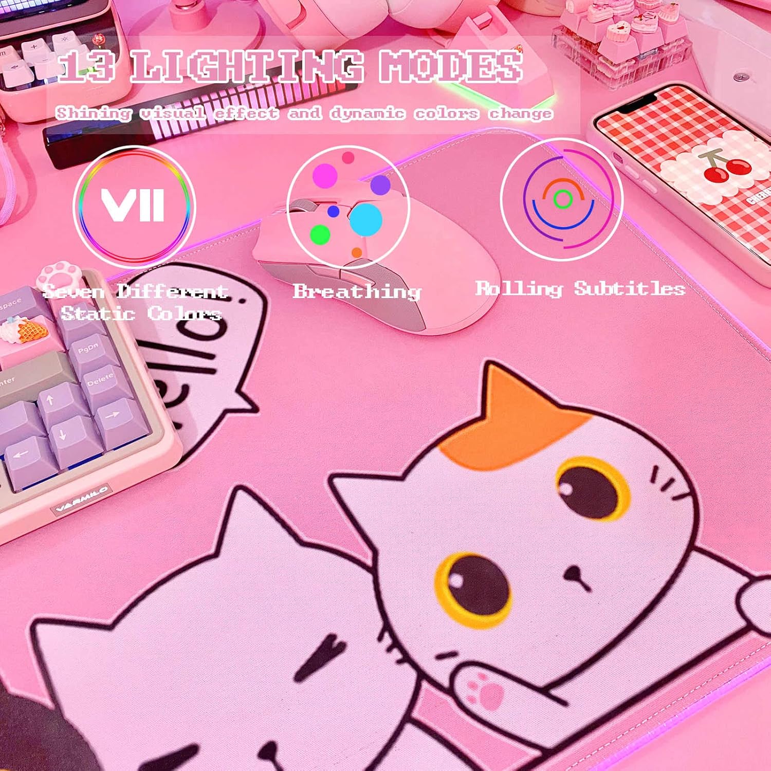 JMIYAV Kawaii Cat RGB Gaming Mouse Pad PC XL Large Extended Glowing Led Light Up Desk Pad Non-Slip Rubber Base Computer Keyboard and Mouse Pad Cool Cute Mousepad Mat 80 * 30cm - Image 4