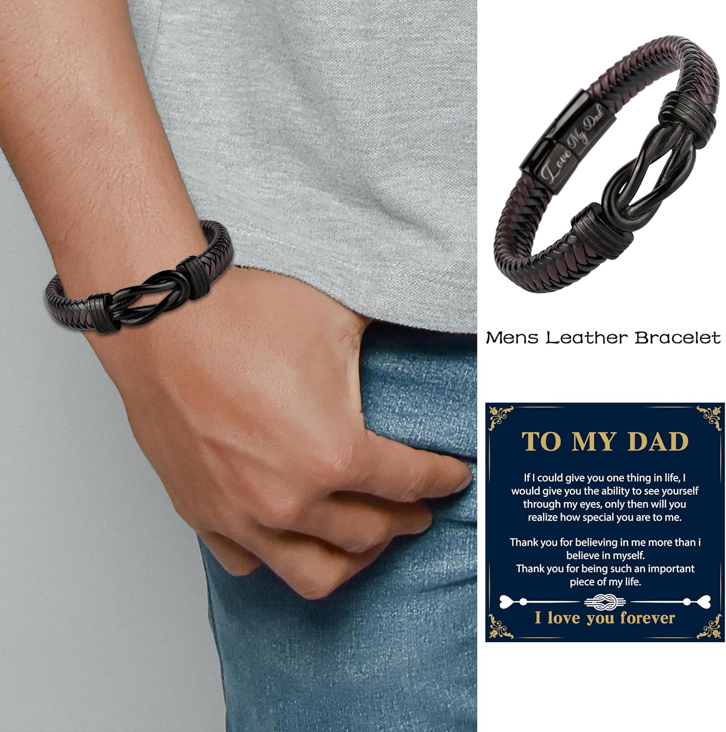 Gifts for Dad Grandad Mens Leather Bracelet Fathers Day Birthday Christmas Gifts - Image 2