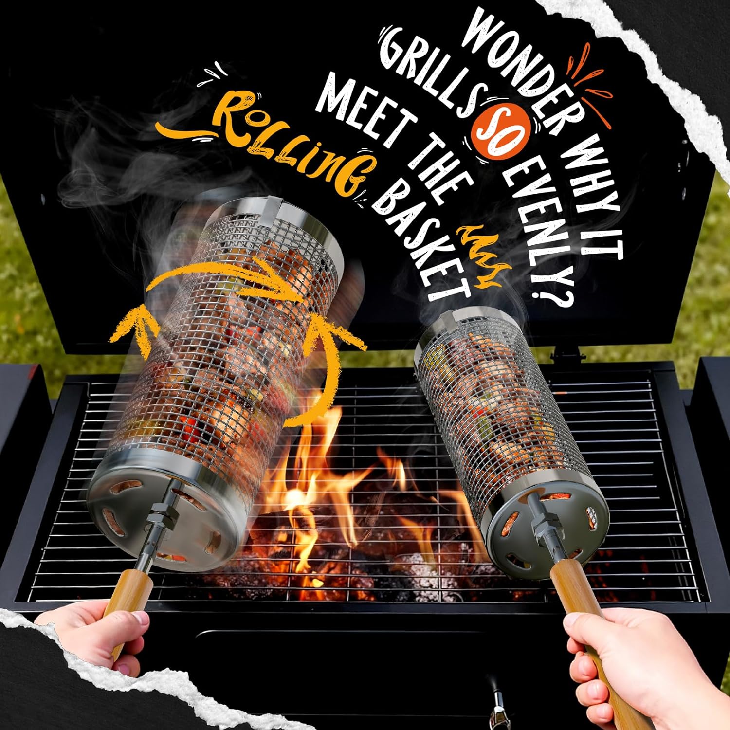 Rolling Grill Basket, 2 PCS, Upgraded 304 Stainless Steel, Nesting Grilling Net, Removable Wooden Handle, BBQ Accessories Tools for Veg, Prawns & Meat, Camping, Outdoor Cooking, Gifts for Dad or Men - Image 2