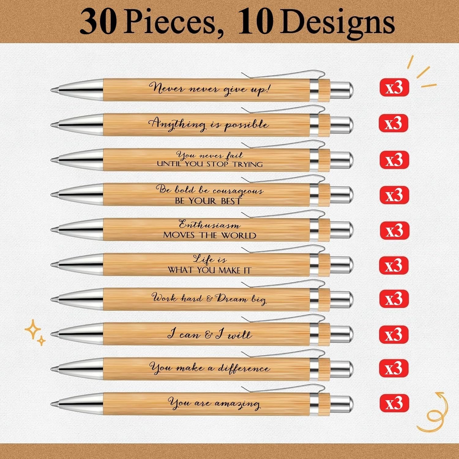 LATERN 30Pcs Inspirational Ballpoint Pens, 14CM Bamboo Motivational Quotes Pen Retractable Black Ink Stylus Pens for Women Men Bosses Office Desk Supplies Gifts (10 Positive Style) - Image 3