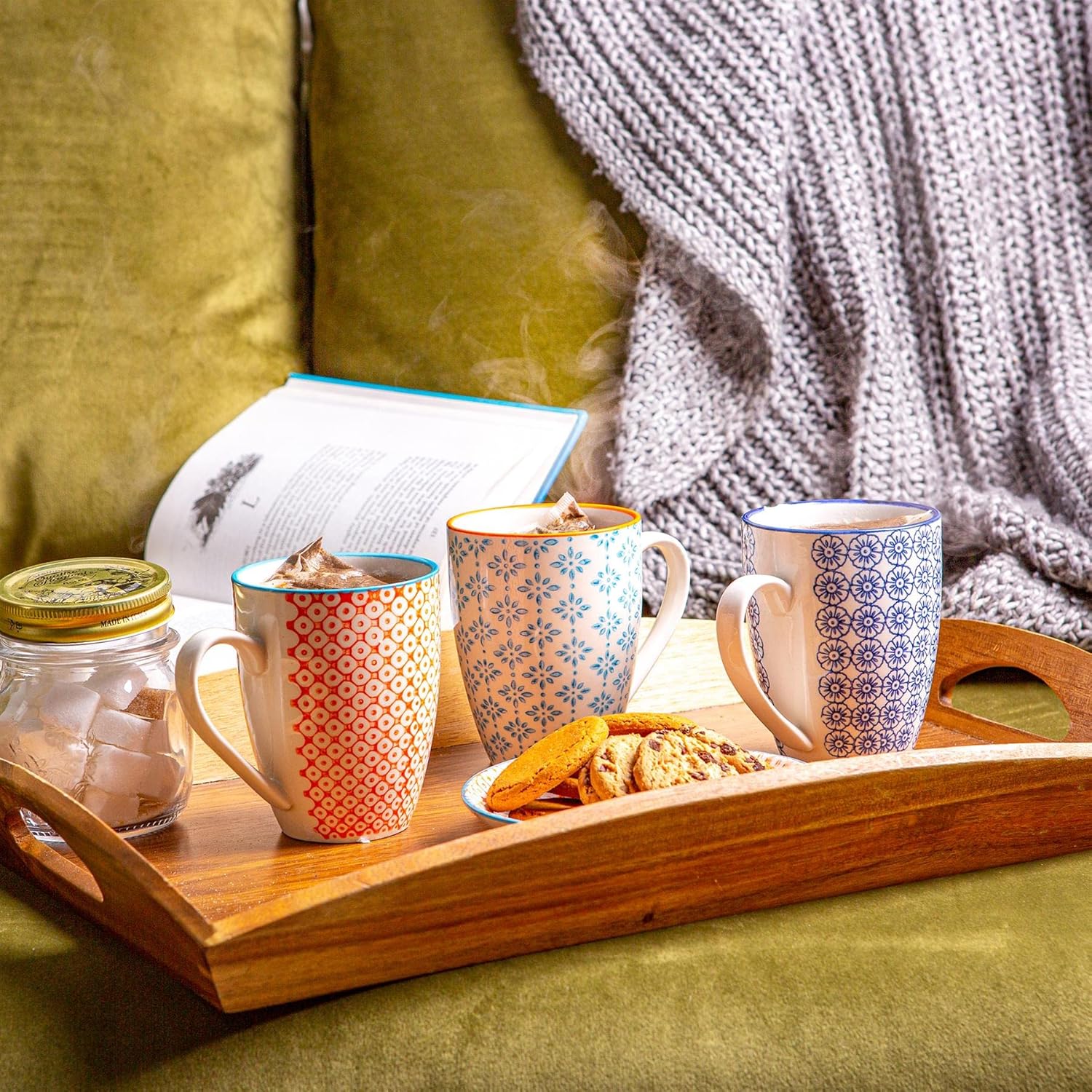 Nicola Spring Hand-Printed Mug - 330ml - Navy, Orange & Blue - Pack of 6 - Porcelain Hot Chocolate Cups Tea & Coffee Mugs for Kitchens, Cafes & Restaurants - Image 5