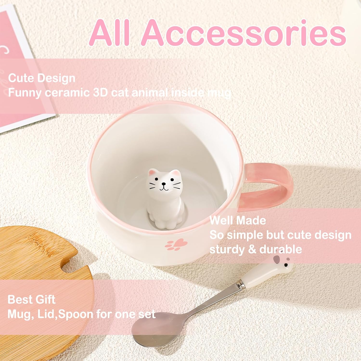 Gifts for Women Cute Cat Coffee Mug Tea Cup with Spoon Lid Kawaii Stuff Funny Cool Mugs Christmas Xmas Valentine's Mother's Day Halloween Birthday Gifts for Her Wife Mum Grandma Girls Teacher Friend - Image 4