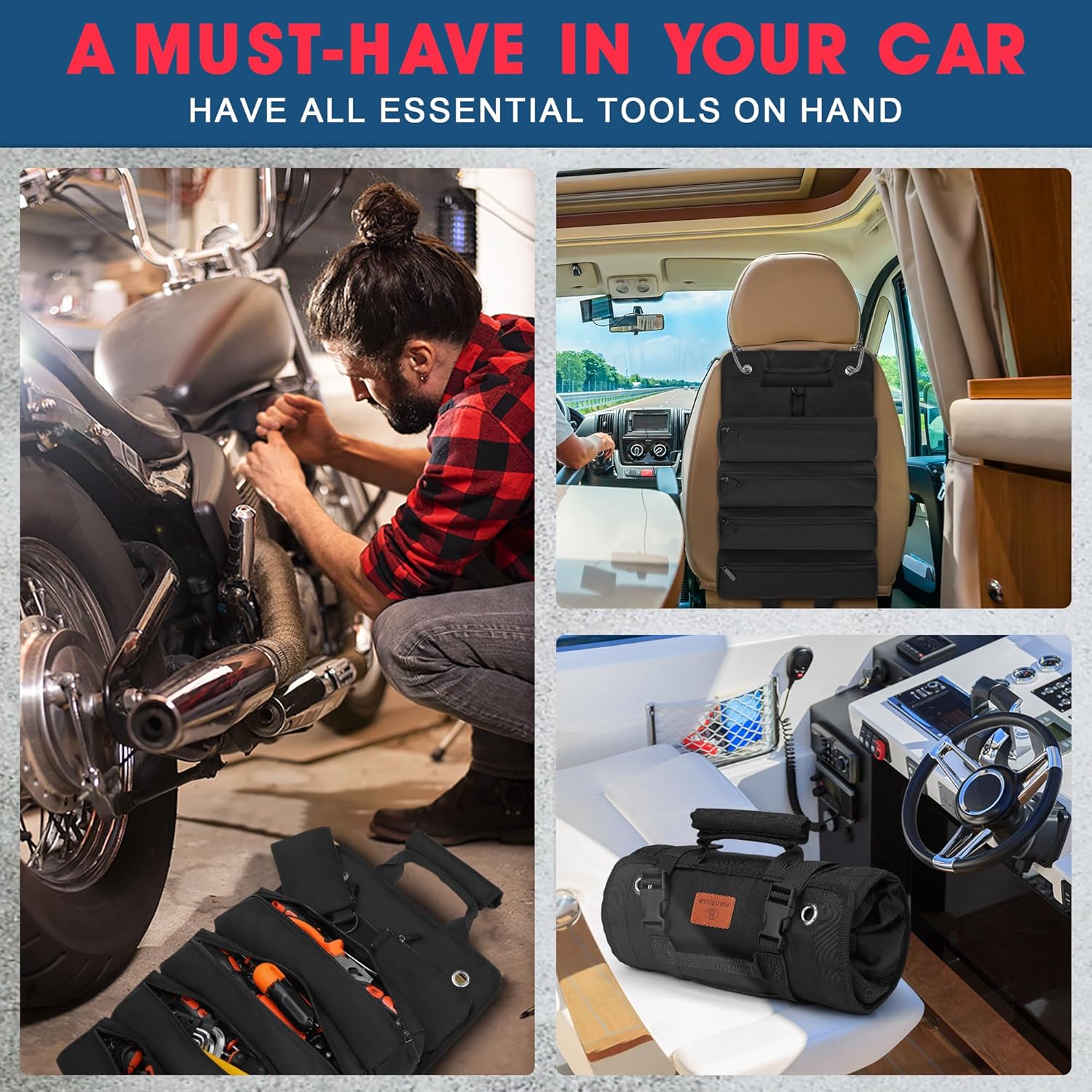 Tool Bag, Roll Up Small Tools Box Storage, Tool Gifts for Men Dad Husband Boyfriend Grandpa, Presents for Fathers Day Birthday,Heavy Duty Tool Organizer with 2 Detachable Tool Pouch - Image 4