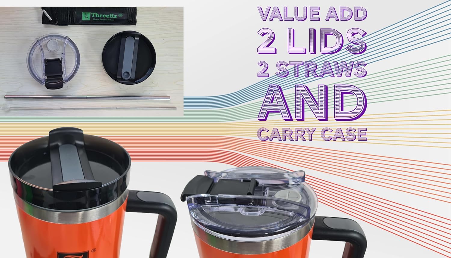 ThreeRs Quencher Travel Tumbler with Handle Straws Insulated Coffee Cup Telescopic Metal Straw, 2 Lids, Summer Water Bottle, Mug for Hot - Cold Drinks 40oz/1180ml Neon Colour (Pink) - Image 2