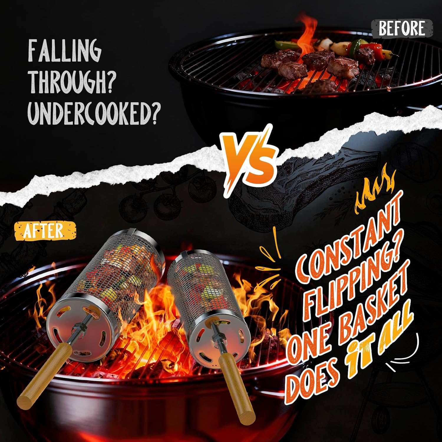 Rolling Grill Basket, 2 PCS, Upgraded 304 Stainless Steel, Nesting Grilling Net, Removable Wooden Handle, BBQ Accessories Tools for Veg, Prawns & Meat, Camping, Outdoor Cooking, Gifts for Dad or Men - Image 3