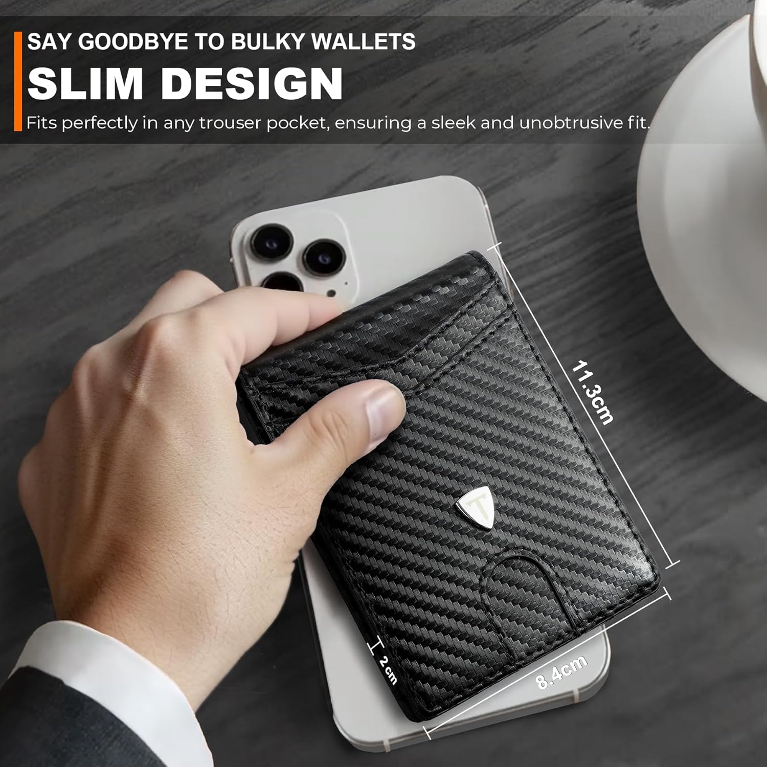 Mens Wallets Slim RFID Blocking Carbon Fiber Wallet with up to 12 Credit Card Holder, Strong Money Clip & ID Window Minimalist Bi-Fold Wallets for Men UK with Gift Box - Black - Image 4