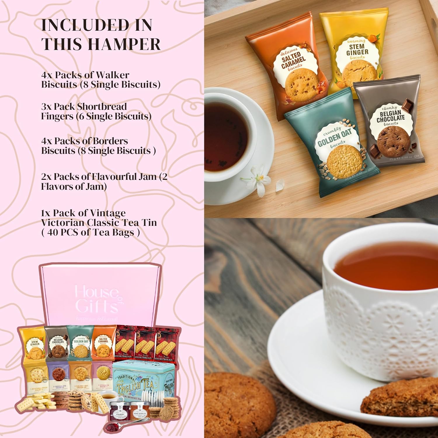 English Breakfast Tea & Biscuits Hamper For Her with Luxury Tea Tin, Biscuits, Shortbread & Jams | Biscuit Gift Set | Luxury Gifts For Women and Dads | Tea & Biscuits Hamper - Image 2