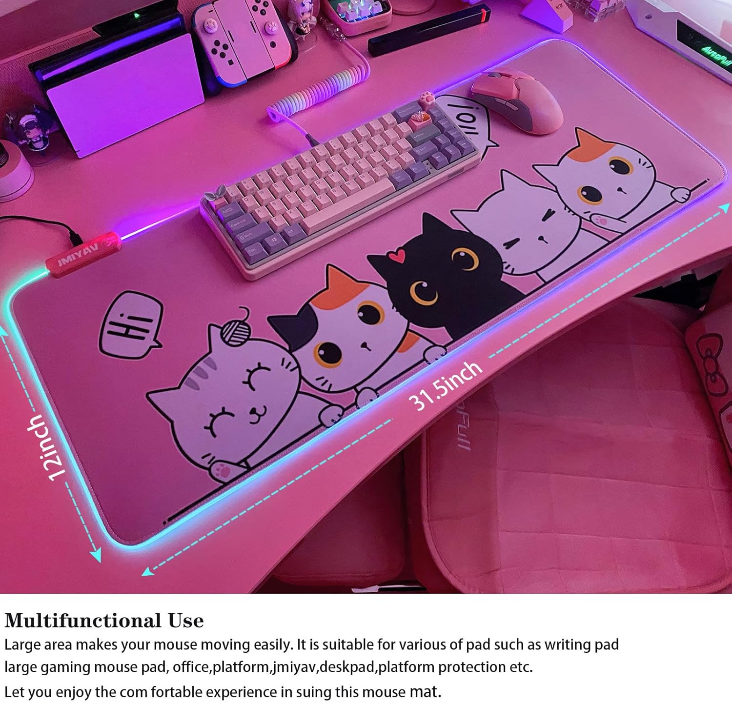 JMIYAV Kawaii Cat RGB Gaming Mouse Pad PC XL Large Extended Glowing Led Light Up Desk Pad Non-Slip Rubber Base Computer Keyboard and Mouse Pad Cool Cute Mousepad Mat 80 * 30cm - Image 3