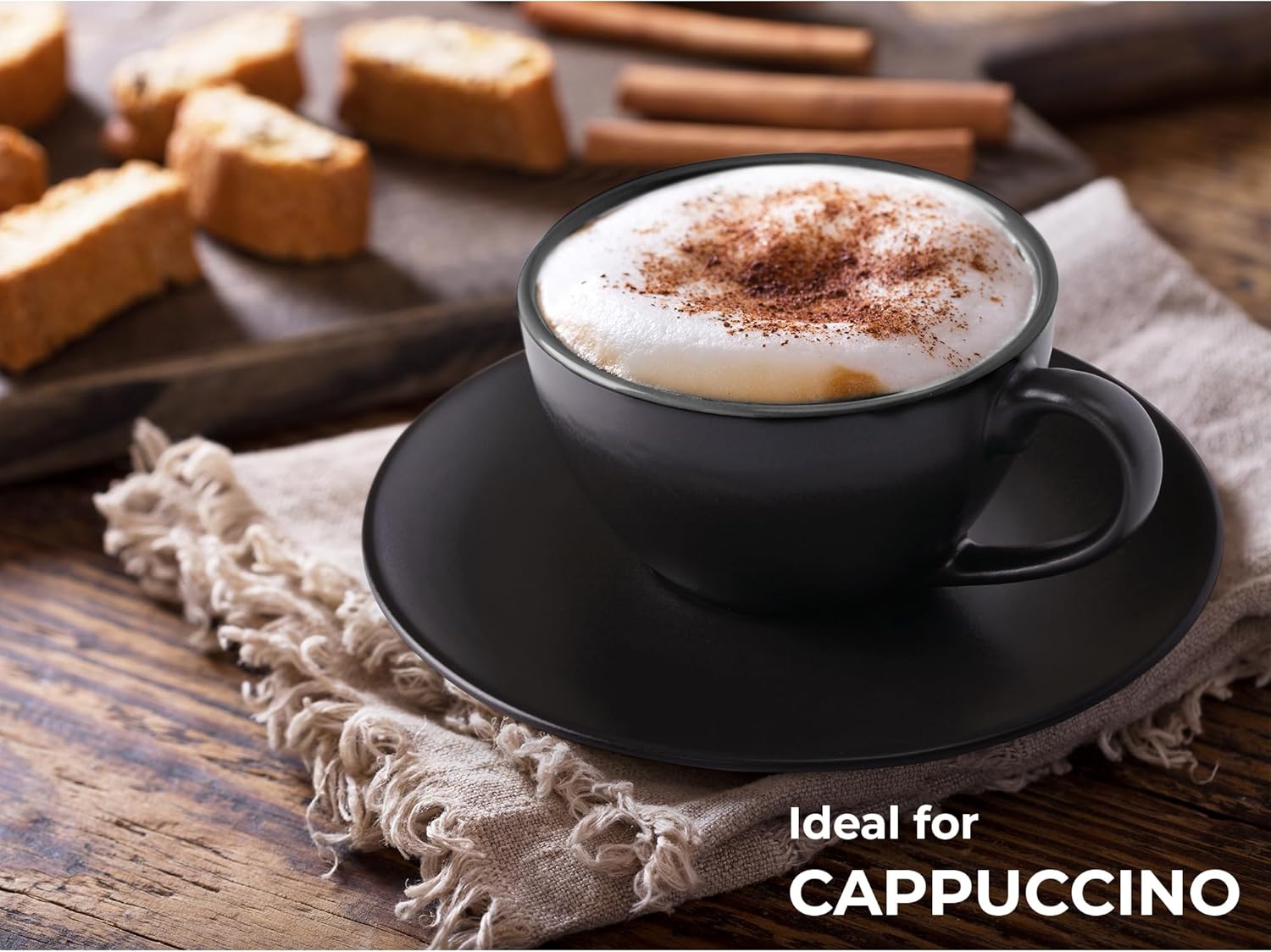 MIAMIO - Set of 6, Ceramic Stackable Cappuccino Cups Set / 175 ml Cappuccino Mugs and Saucer with Metal Stand for Coffee Drinks, Cappuccino, Latte, Americano and Tea - Le Papillon Collection (Black) - Image 2