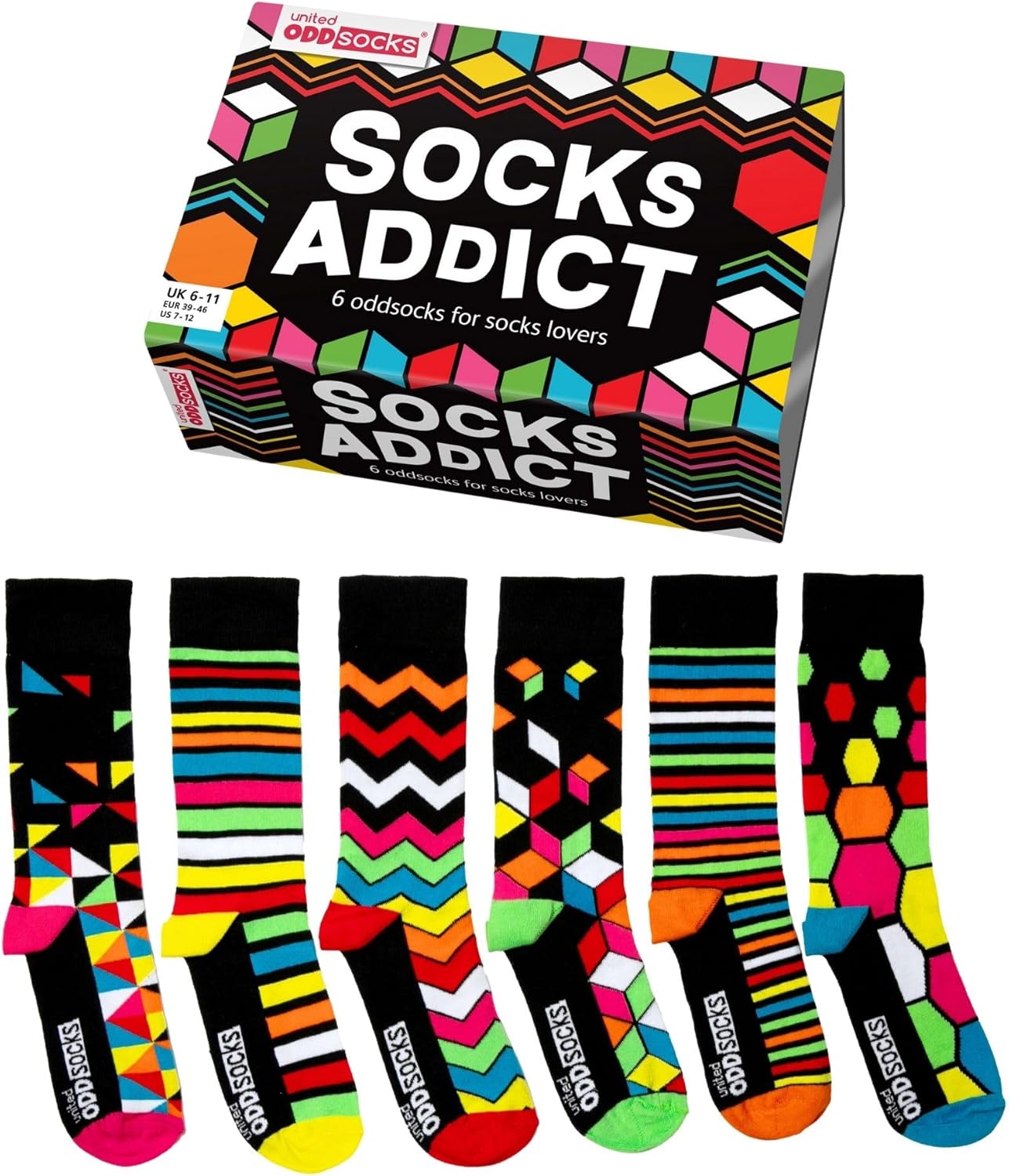 United Oddsocks Socks Addict – 6 Unique and Quirky Mix & Match Novelty Socks for Men, Gift Box, Fun and Playful Present for Sock Lovers, Birthday, Christmas, Father’s Day - UK 6-11, EUR 39-46, US 7-12
