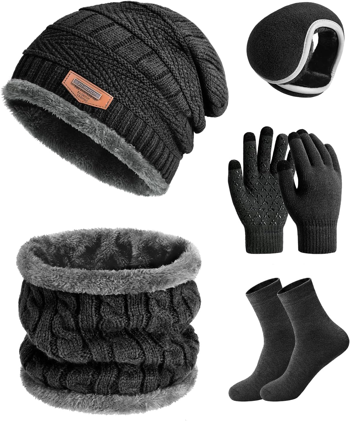 heekpek Mens Hat Scarf Glovers Set Unisex 5PCS Winter Set in Gift Box Fleece Lining Knitted Beanie Hat Earmuffs Neck Warmer Knit Gloves Thermal Socks Gift Set for Skiing Hiking Driving