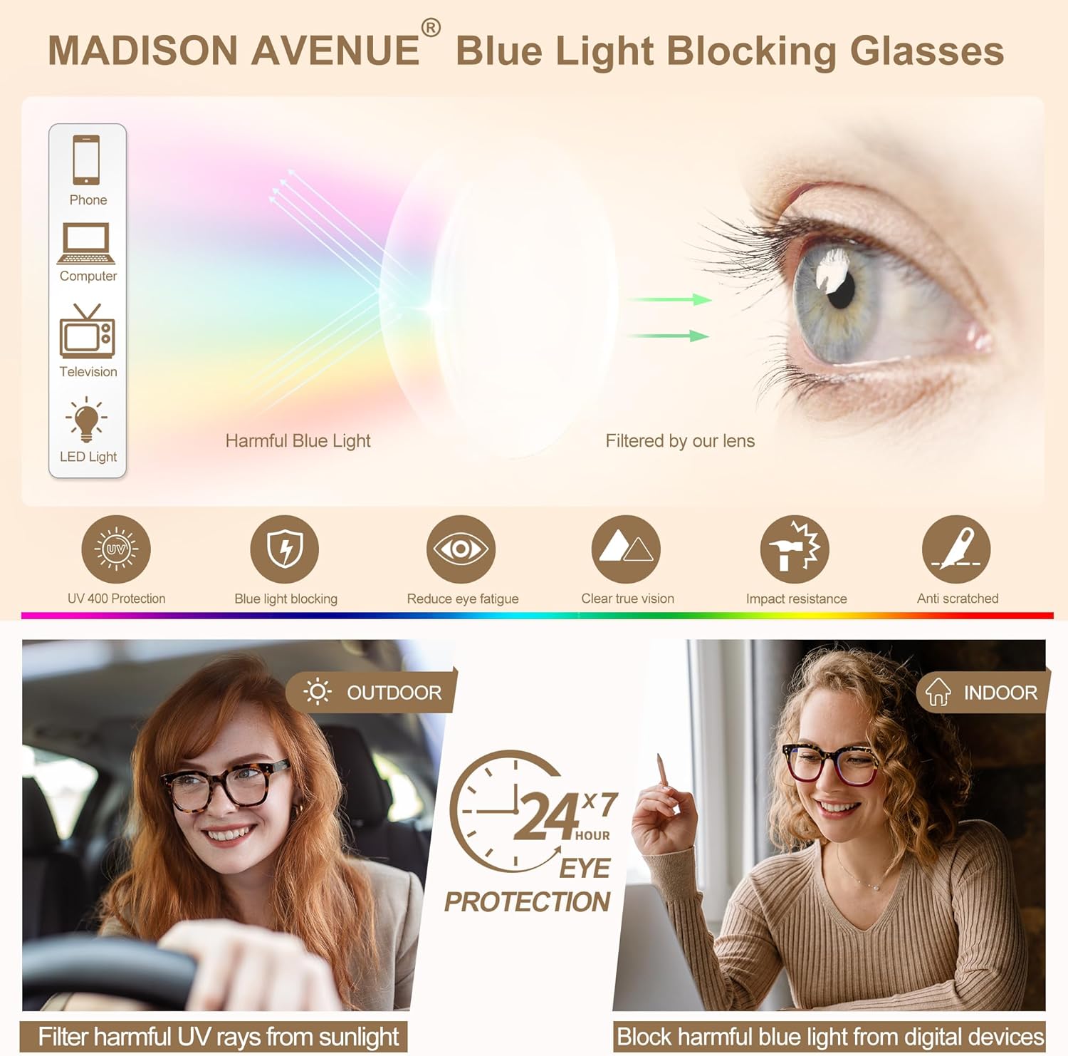 Madison Avenue Women Blue Light Glasses,Oversize Blue Light Glasses for Women, Anti Eyestrain & UV Protection Computer Eyeglasses (Tortoiseshell) - Image 6