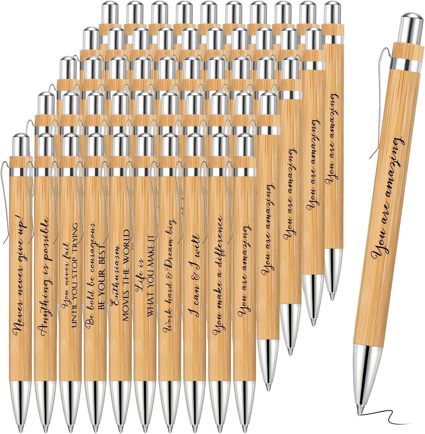 LATERN 30Pcs Inspirational Ballpoint Pens, 14CM Bamboo Motivational Quotes Pen Retractable Black Ink Stylus Pens for Women Men Bosses Office Desk Supplies Gifts (10 Positive Style)