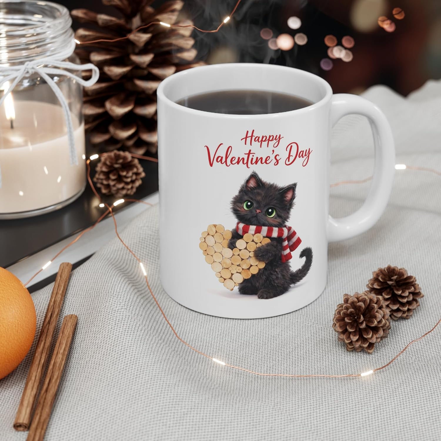 Happy Valentine's Day Mug,Cute Black Cat with Wooden Heart Design,Romantic Gift for Cat Lovers - Image 4