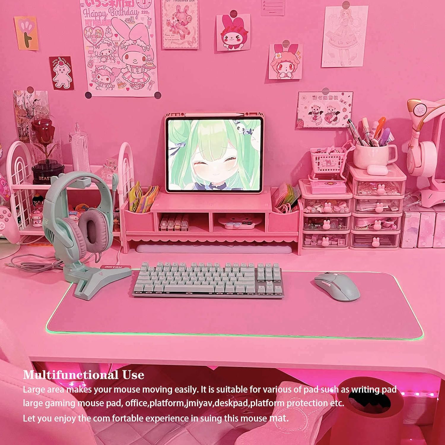 JMIYAV Pink RGB Gaming Mouse Pad PC XL Large Extended Glowing Led Light Up Desk Pad Mouse Mat Non-Slip Rubber Base Computer Big Cute Mousepad Mat Optimized for Gamer 80 * 30cm - Image 6