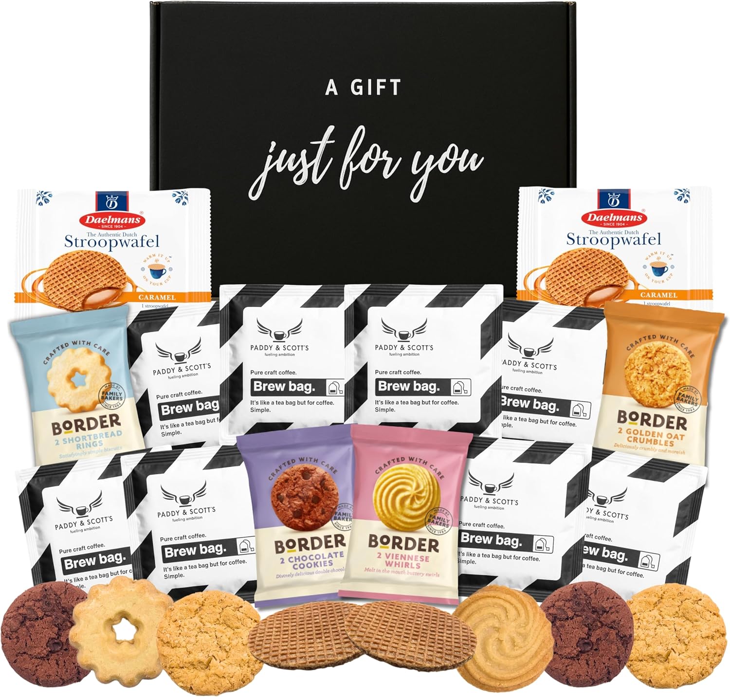 Coffee Gift Set Bundle With x8 Paddy and Scotts Coffee Bags, x2 Jumbo Stroopwafels and Border Biscuits Individually Wrapped - Women and Mens Hampers Gift Sets