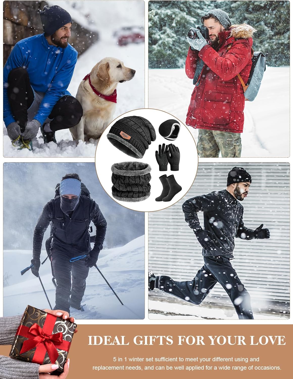 heekpek Mens Hat Scarf Glovers Set Unisex 5PCS Winter Set in Gift Box Fleece Lining Knitted Beanie Hat Earmuffs Neck Warmer Knit Gloves Thermal Socks Gift Set for Skiing Hiking Driving - Image 7