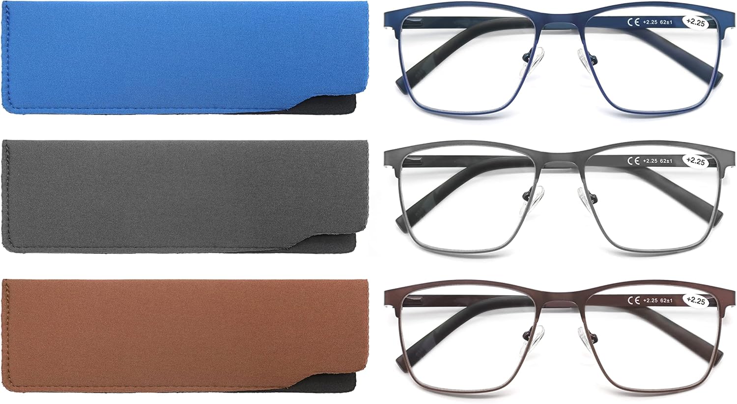 MODFANS 3-Pack Reading Glasses Men Blue Light Blocking Metal Frame Rectangle Style Stainless Steel Material Spring Hinges Includes Computer Readers - Image 2