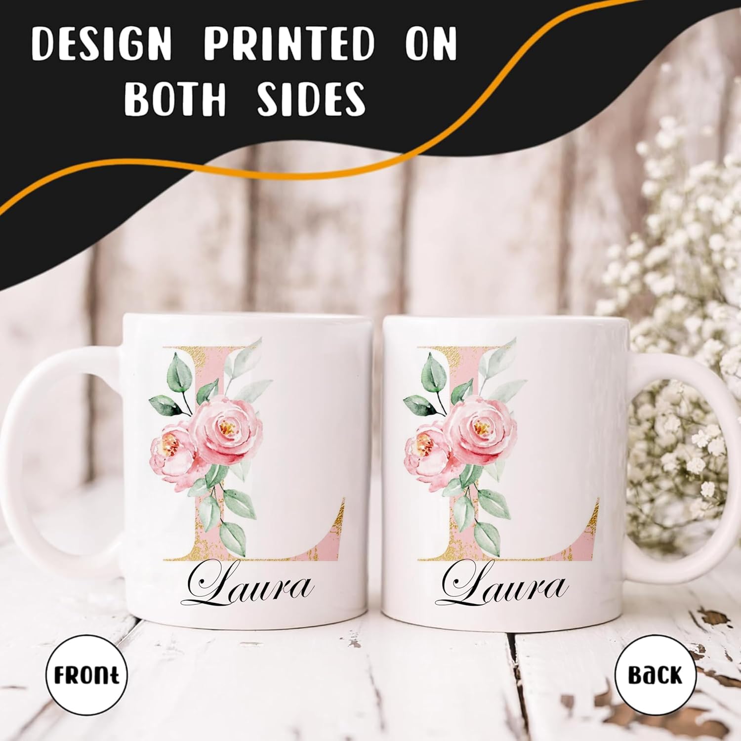 Personalised Mug Stylish Glitter Initial with Name, Customised Gift for Christmas Day, Birthdays, Valentine’s Day, Fathers Day for Mom, Dad, Friends, 11oz Ceramic Coffee/Tea Cup (Glitter Rose Gold) - Image 2