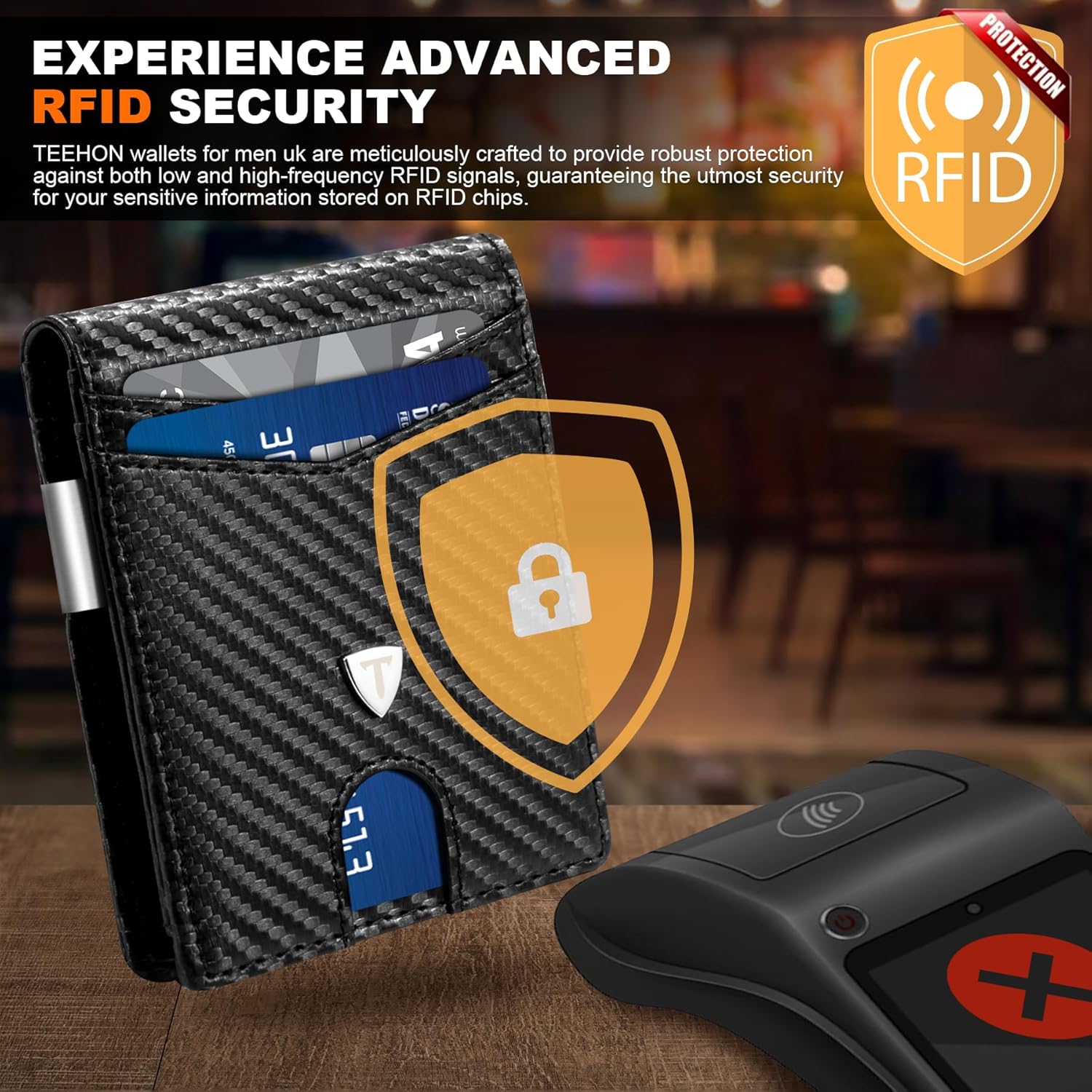 Mens Wallets Slim RFID Blocking Carbon Fiber Wallet with up to 12 Credit Card Holder, Strong Money Clip & ID Window Minimalist Bi-Fold Wallets for Men UK with Gift Box - Black - Image 3