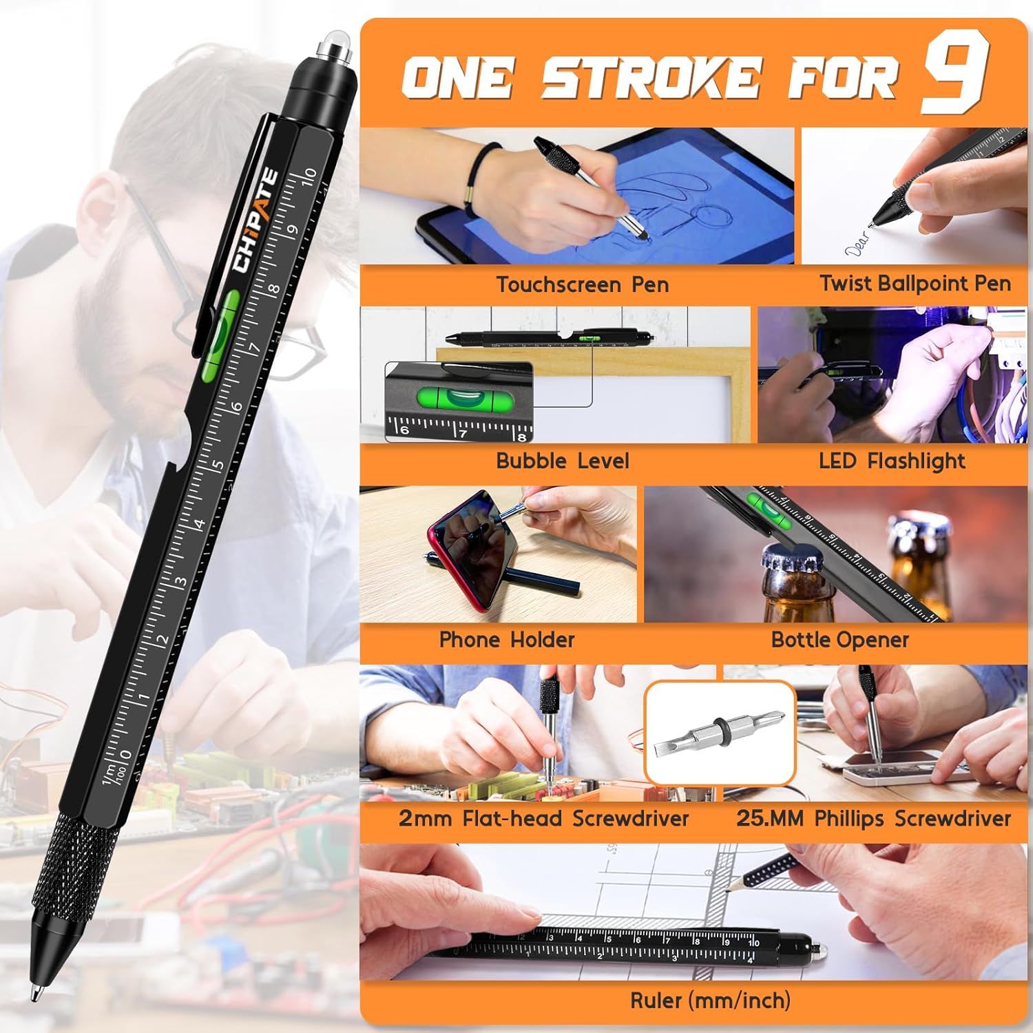 Valentines Gifts for Him, Gifts for Men, 9 in 1 Multi Tool Pen, Birthday Gift Gadgets for Men/Dad, Father's Day Gift - Image 4