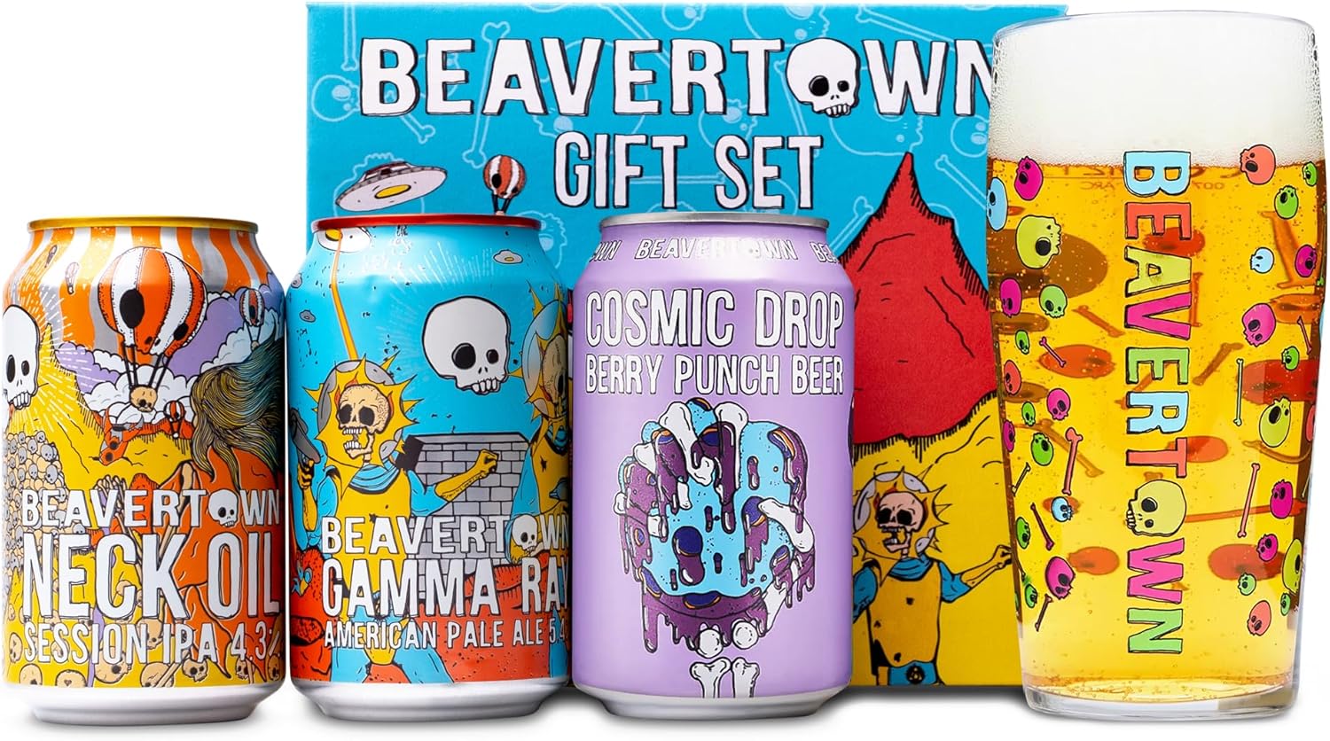 Beavertown IPA Beer Gift Set & Glass - Neck Oil, Gamma Ray, Cosmic Drop Berry, London Craft Beer Gift for Men - 3x 330 ml Cans & Iconic Beavertown Glass - Pale Ale & Fruity Beers Selection, Valentines