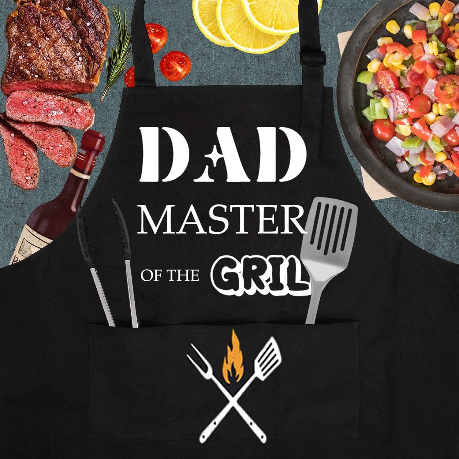 BBQ Apron for Men, Dad's Apron, Black Waterproof Apron, Adjustable Chef Apron with 2 Pockets, Personalised Apron for Grilling Cooking Kitchen, Gifts for Men Dad Husband Boyfriend - Image 2