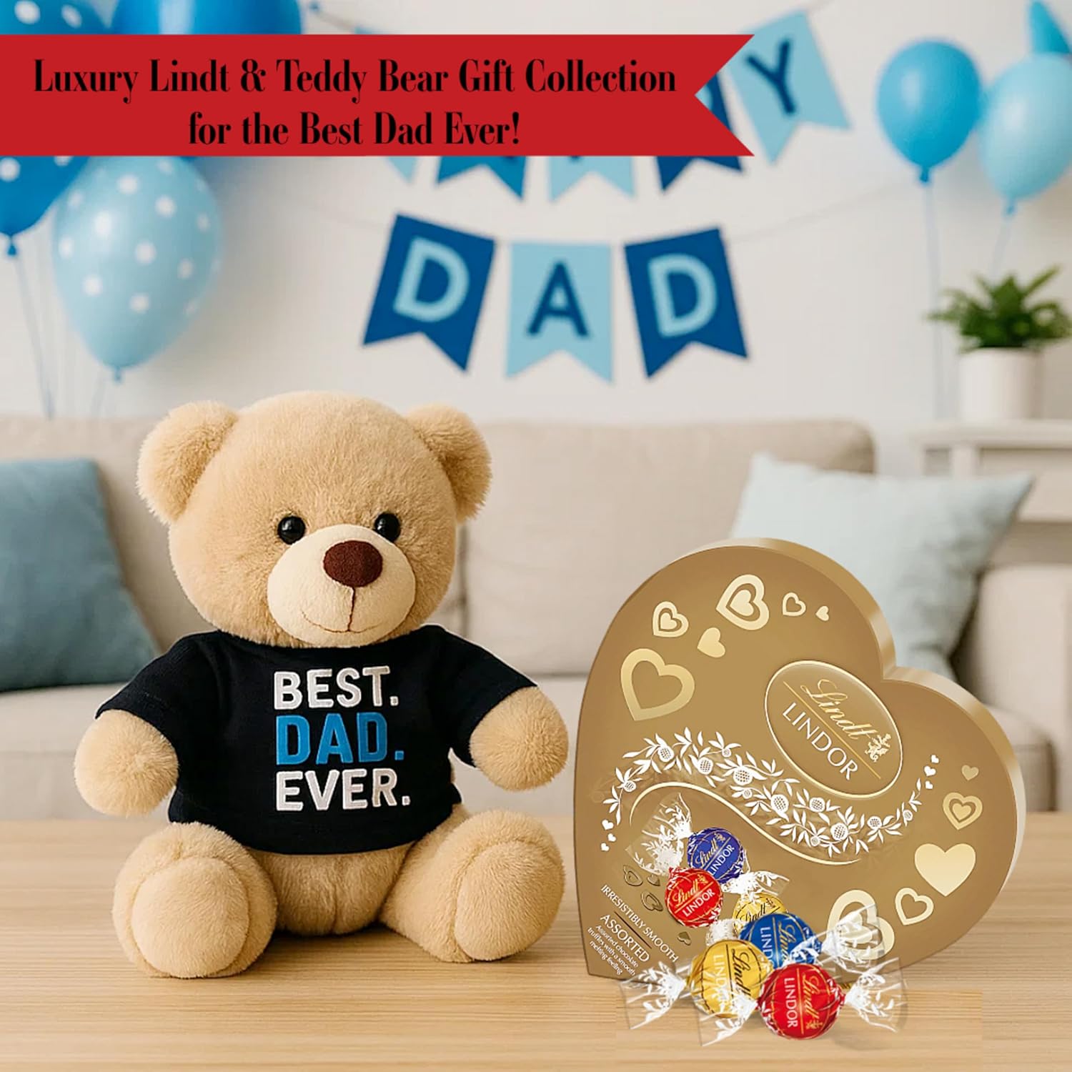 Lindt Chocolates & Teddy Bear for Mens Gifts - Assorted Chocolate Golden Heart Shaped Box with Truffles 200g & Best Dad Ever Soft Teddy for Fathers Day, Christmas, Birthday Gifts for Dad, Men - Image 2