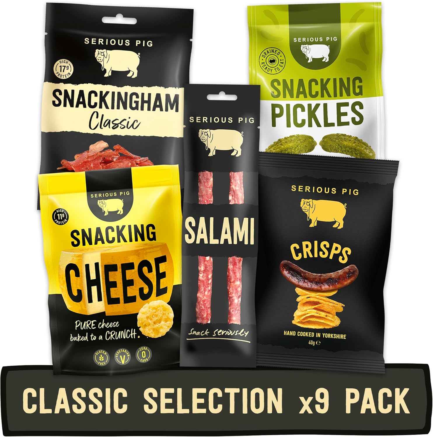 Serious Pig Classic Selection Box Gourmet Snack Hamper with Cheese Salami Pickles Crisps (9 Packs)