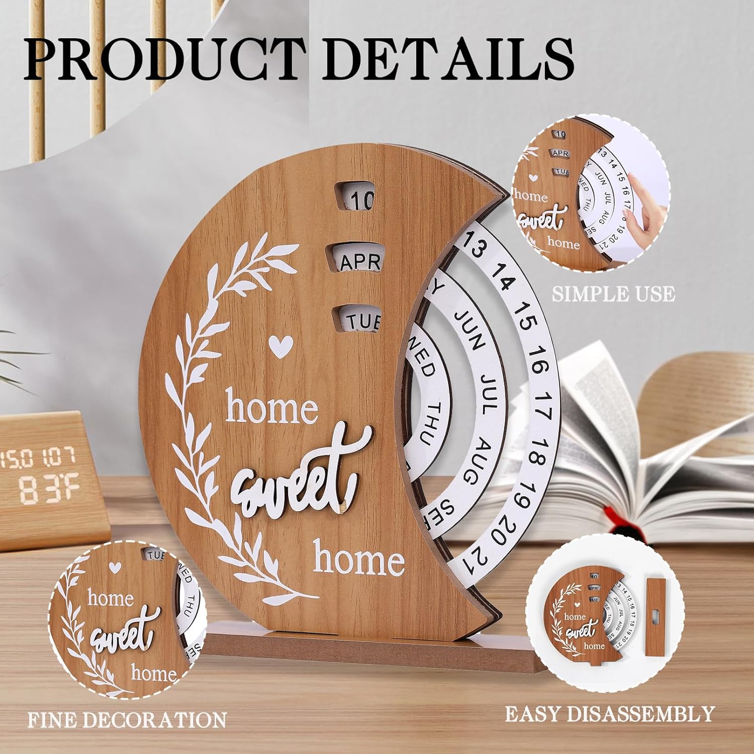 Moon Perpetual Calendar, Desk Calendar, Cool Calendar, Wooden Calendar, Rotating Desktop Calendar, DIY Home Office Desktop Decorations for Gifts - Image 3