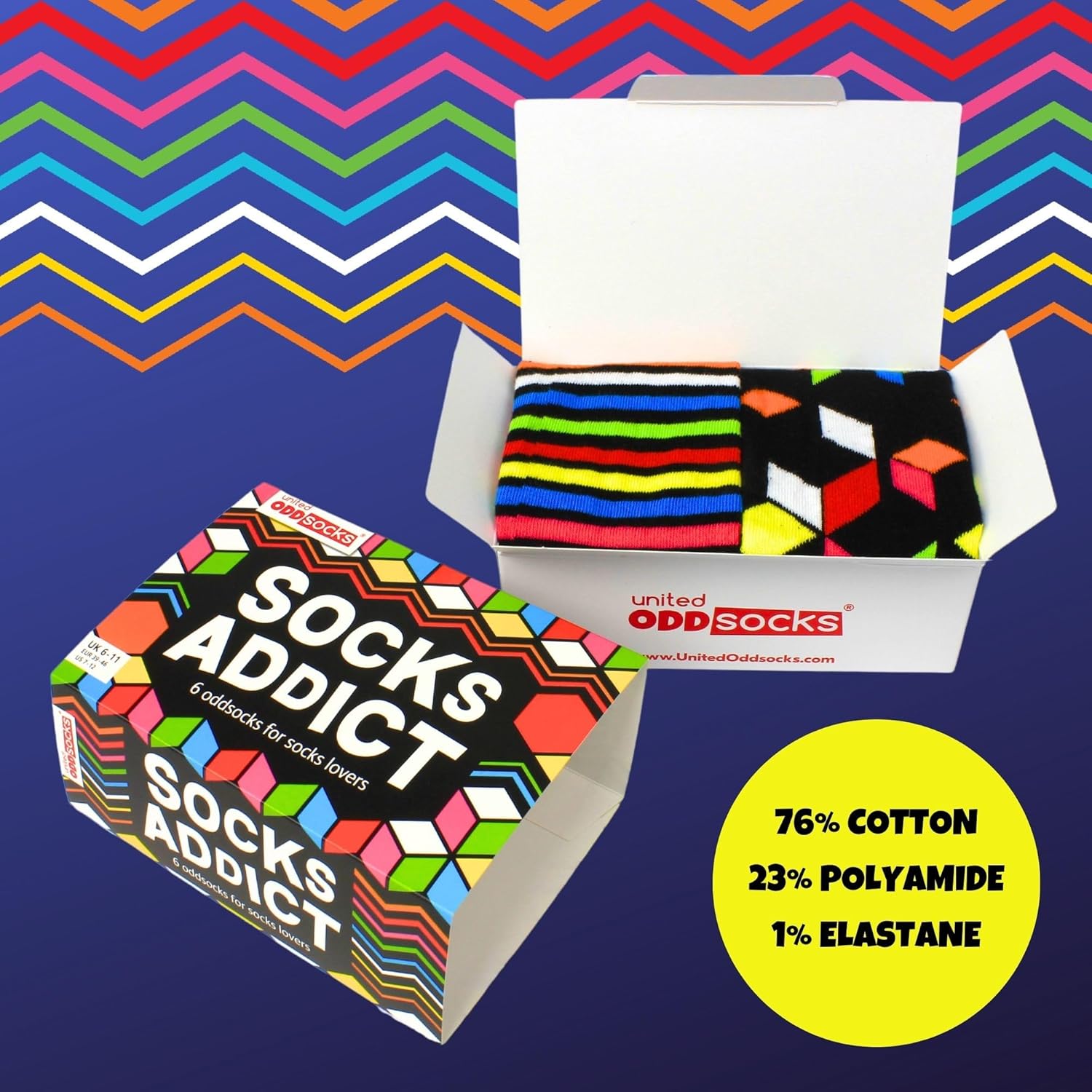 United Oddsocks Socks Addict – 6 Unique and Quirky Mix & Match Novelty Socks for Men, Gift Box, Fun and Playful Present for Sock Lovers, Birthday, Christmas, Father’s Day - UK 6-11, EUR 39-46, US 7-12 - Image 3